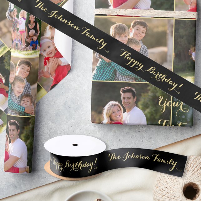 Elegant Black Gold Name Happy Birthday Gift Wrap Satin Ribbon (Elegant Black Gold Name Happy Birthday Gift Wrap Satin Ribbon)