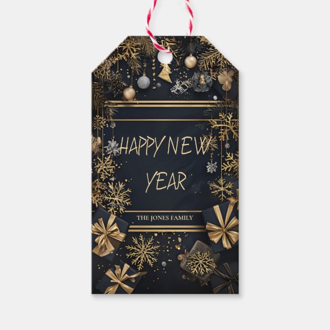 Elegant Black & Gold New Year Gift Tag (Front)