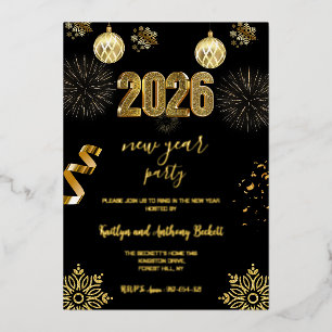 Elegant Black& Gold New Year Party Foil Invitation