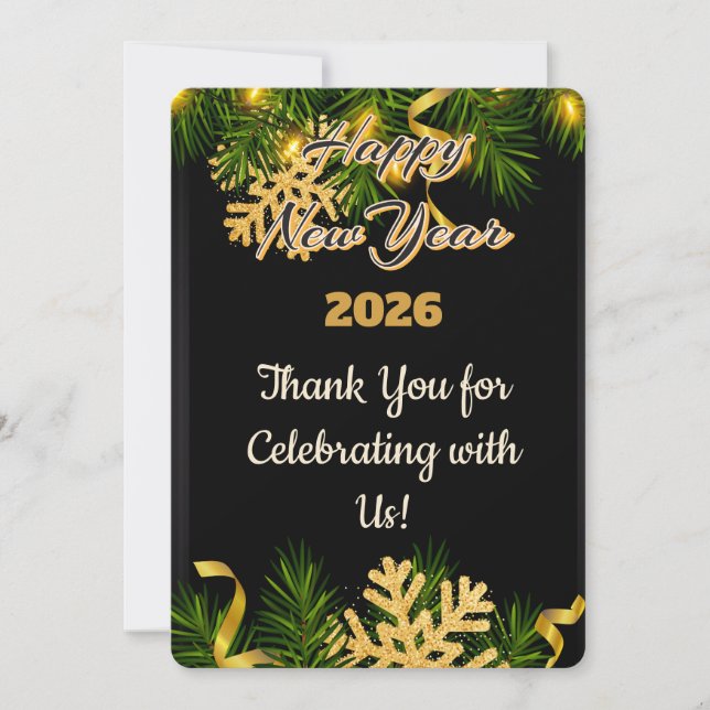 Elegant Black & Gold New Year Thank You Card (Front)