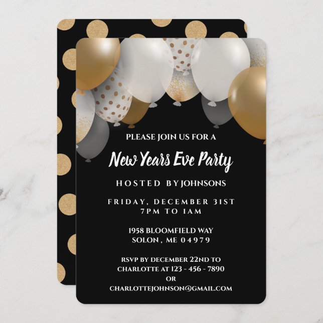 Elegant Black & Gold New Years Eve Party Invitation (Front/Back)