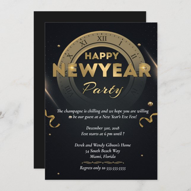 Elegant Black & Gold New Years Eve Party Invitation (Front/Back)