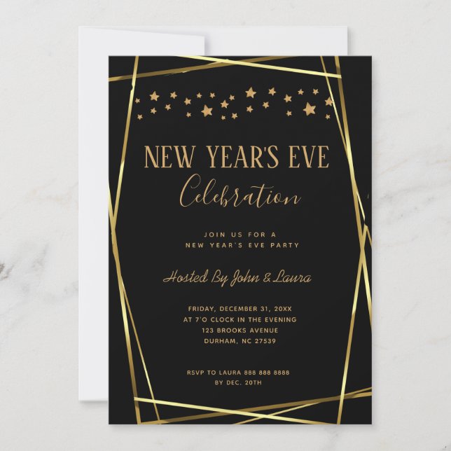 Elegant Black & gold New Years party Announcement (Front)