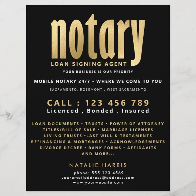 Elegant Black & Gold Notary Loan Agent Flyer (Front)