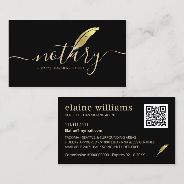 Elegant Black Gold Notary Loan Signing Agent    Business Card (Front/Back)