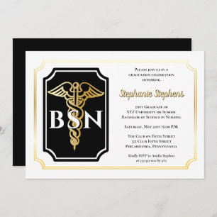Elegant Black Gold Nurse BSN Graduation Party Invitation