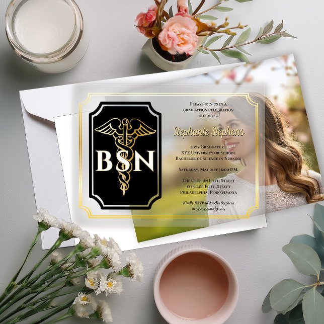 Elegant Black | Gold Nurse BSN Graduation Party Vellum Invitations (Elegant Black and Gold Tone Nurse BSN Graduation Announcement and Party Invitation )
