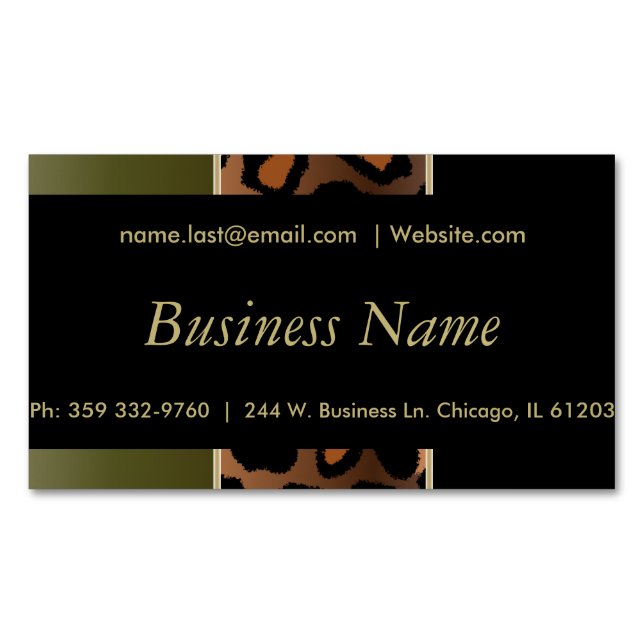 Elegant Black, Gold & Olive Green Leopard Stripes Magnetic Business Card (Front)
