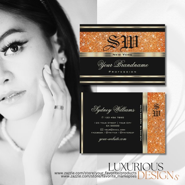Elegant Black Gold Orange Sparkle Glitter Monogram Business Card (Creator Uploaded)