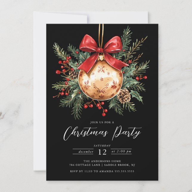 Elegant Black Gold Ornament Christmas Invite (Front)