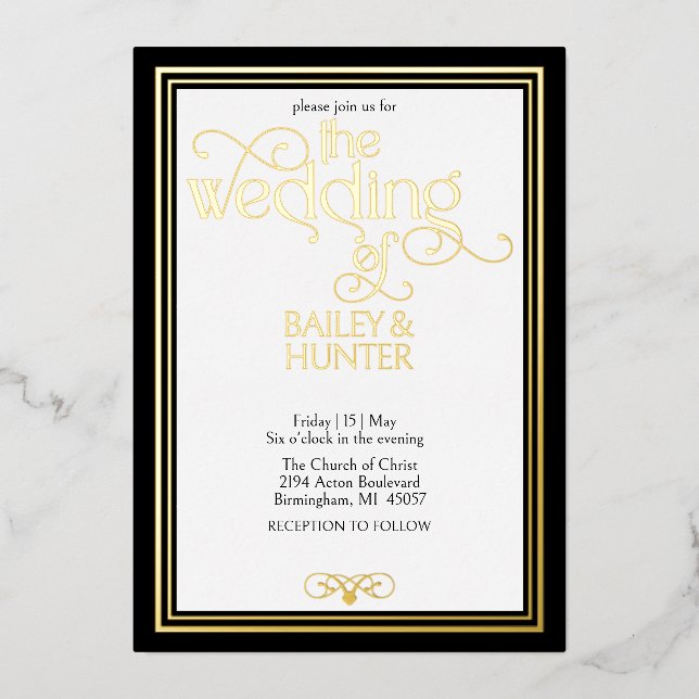 Elegant Black Gold Ornate Typography Wedding (Front)