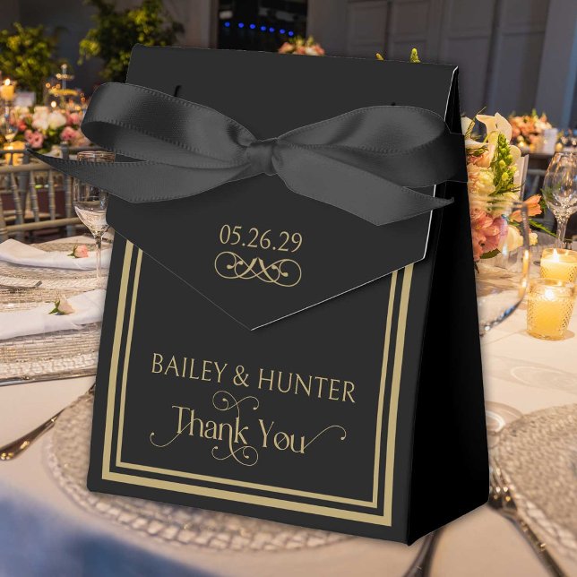 Elegant Black Gold Ornate Typography Wedding Favour Box (Sophisticated black and wedding favor box with ornate typography.)