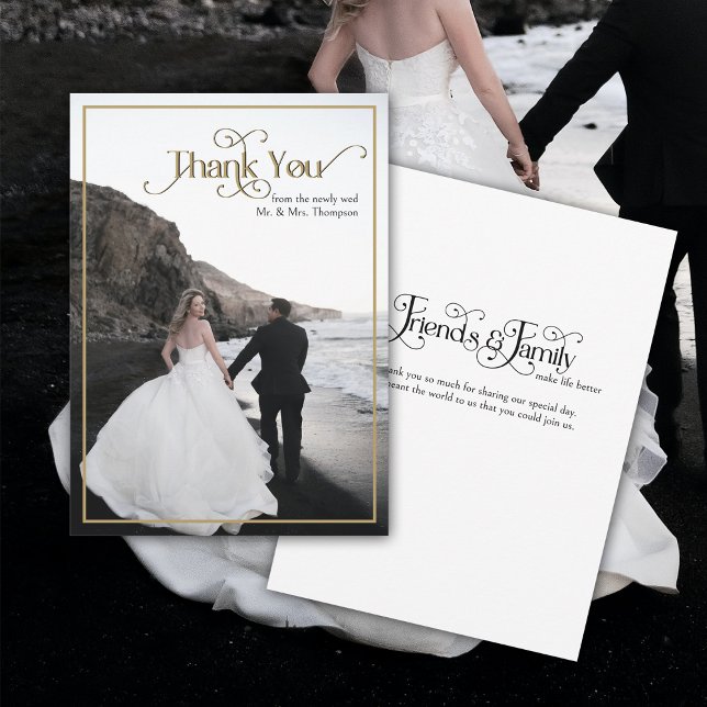 Elegant Black Gold Ornate Typography Wedding Thank You Card (A beautiful way to thank your guests for sharing your special day.  Flat thank you card with photo.)
