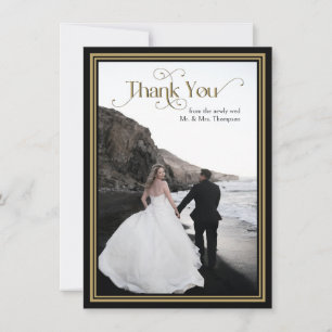 Elegant Black Gold Ornate Typography Wedding Thank You Card