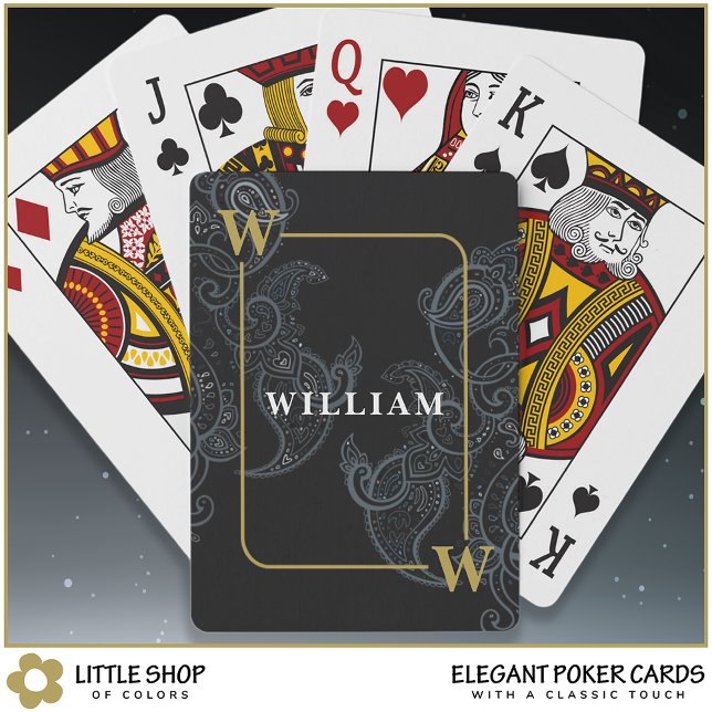 Elegant Black Gold Paisley Monogram Initial Name Playing Cards (Creator Uploaded)