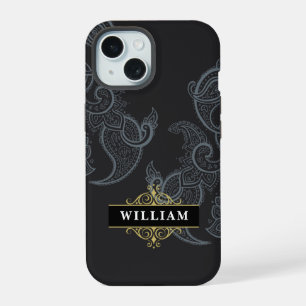 Elegant Black Gold Paisley Monogram iPhone 15 Case