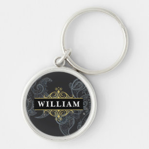 Elegant Black Gold Paisley Monogram Name Key Ring