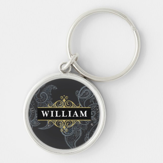 Elegant Black Gold Paisley Monogram Name Key Ring (Front)