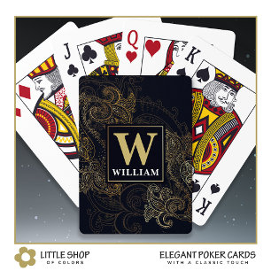 Elegant Black Gold Paisley Monogram Playing Cards