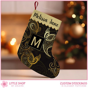 Elegant Black Gold Paisley Monogram Small Christmas Stocking