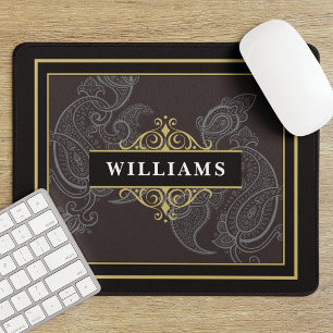 Elegant Black Gold Paisley Monogrammed Mouse Mat