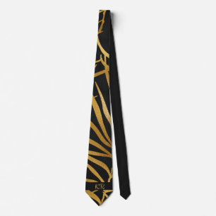Elegant Black Gold Palm Leaf Pattern Initials Tie