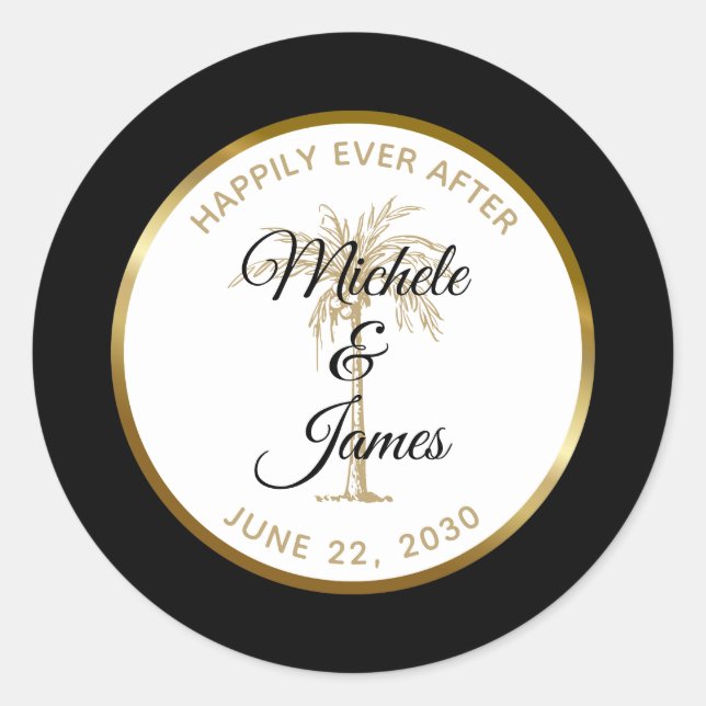 Elegant Black Gold Palm Tree Tropical Wedding Classic Round Sticker (Front)