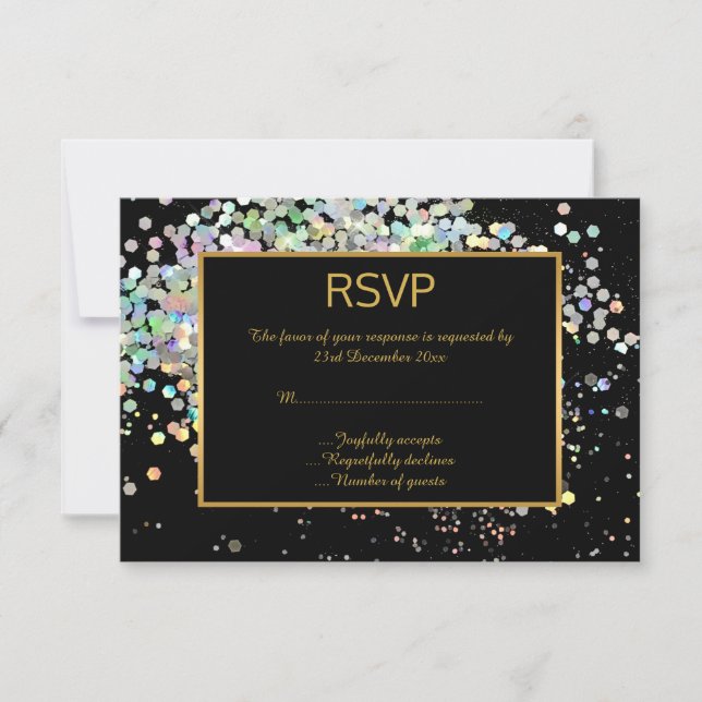 ELEGANT BLACK GOLD PASTEL HOLOGRAPHIC CUSTOM RSVP (Front)