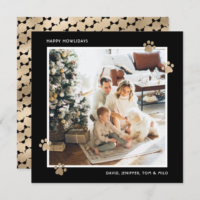 Elegant Black Gold Paw Photo Happy Howlidays Holiday Card (Front/Back)