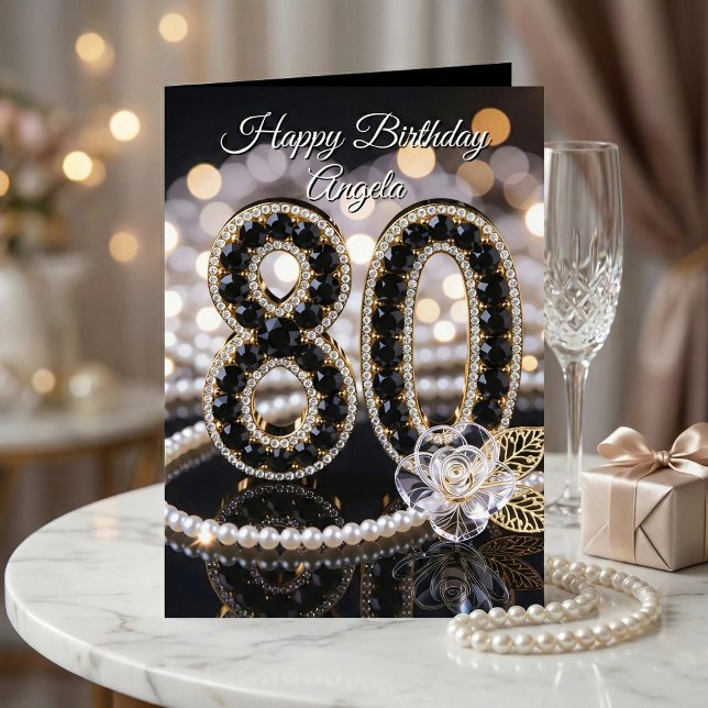 Elegant Black Gold Pearl Diamond 80th Birthday Card (Creator Uploaded)