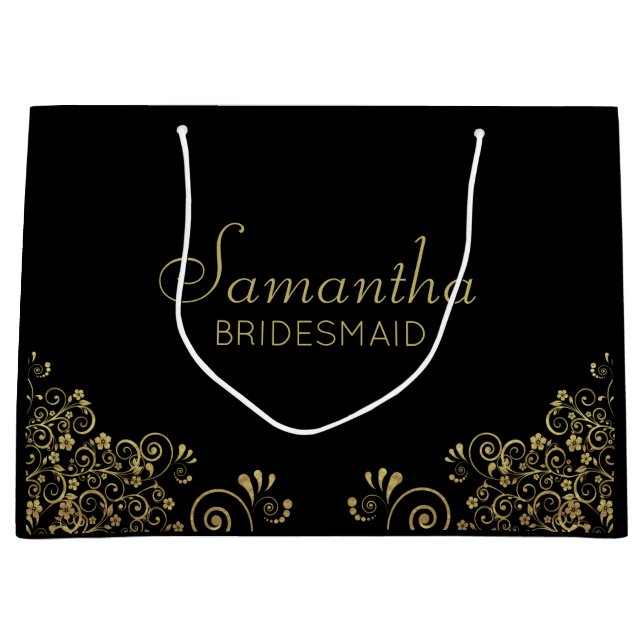 Elegant Black Gold Personalised Bridesmaid  Large Gift Bag (Front)