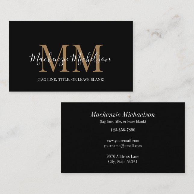 Elegant Black Gold Personalised Monogram Name  Business Card (Front/Back)