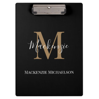 Elegant Black Gold Personalised Monogram Name Clipboard