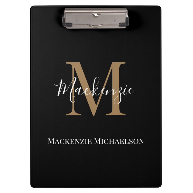Elegant Black Gold Personalised Monogram Name   Clipboard (Front)