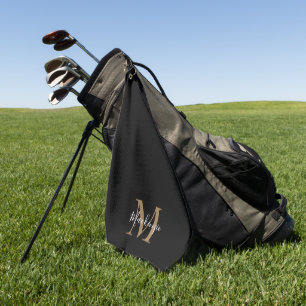 Elegant Black Gold Personalised Monogram Name Golf Towel