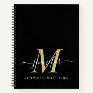 Elegant Black Gold Personalised Monogram Name Notebook