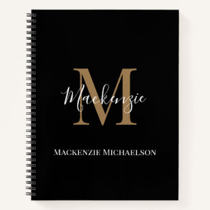 Elegant Black Gold Personalised Monogram Name Notebook