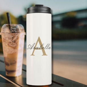 Elegant Black Gold Personalised Monogram Name Thermal Tumbler