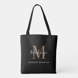 Elegant Black Gold Personalised Monogram Name  Tote Bag