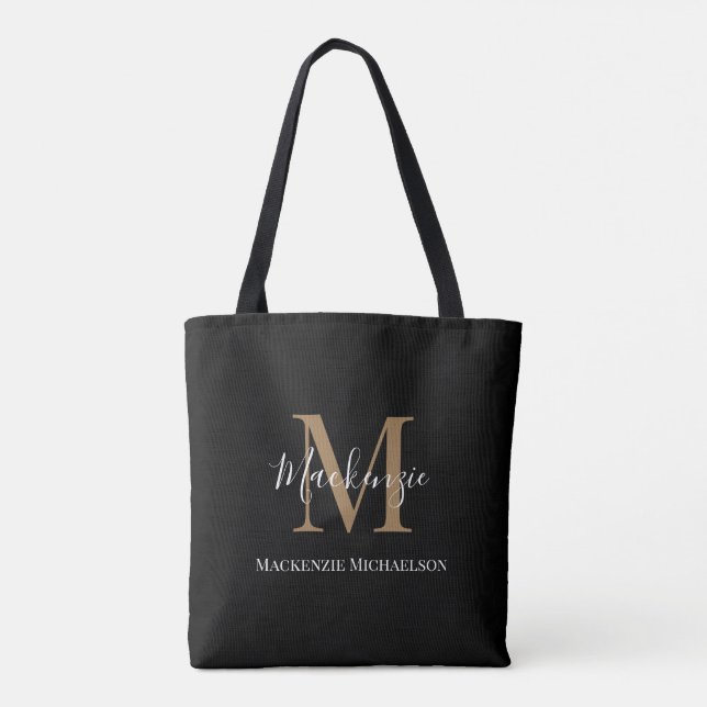 Elegant Black Gold Personalised Monogram Name  Tote Bag (Back)
