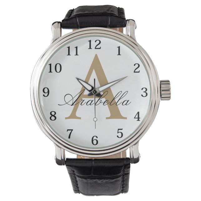 Elegant Black Gold  Personalised Monogram  Name  Watch (Front)