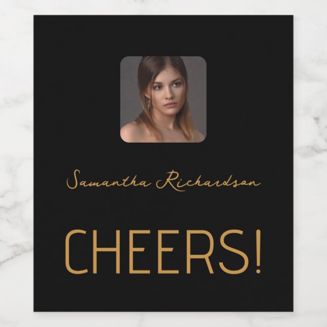 Elegant Black Gold Personalised Photo Name Script Wine Label (Single Label)