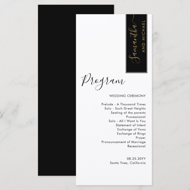 Elegant Black, Gold Personalised Wedding Program Menu (Front/Back)