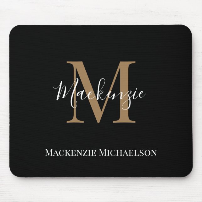 Elegant Black Gold Personalized Monogram Name  Mouse Mat (Front)