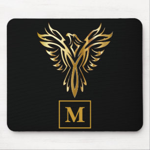 Elegant Black & Gold Phoenix Rising Monogram Mouse Mat