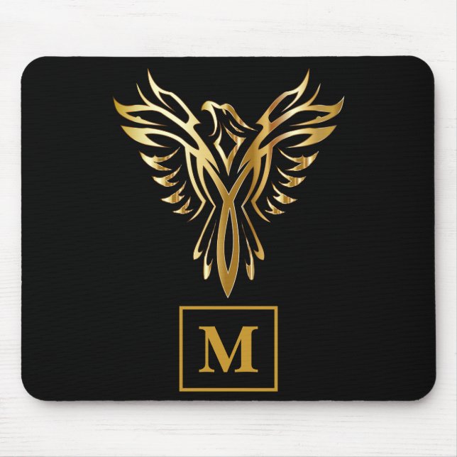 Elegant Black & Gold Phoenix Rising Monogram Mouse Mat (Front)