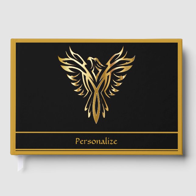 Elegant Black & Gold Phoenix Rising Symbol Guest Book (Front)