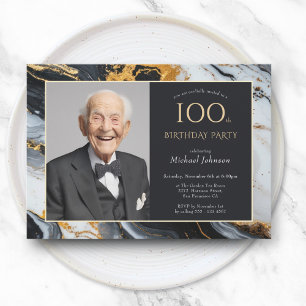 Elegant Black Gold Photo 100th Birthday Invitation