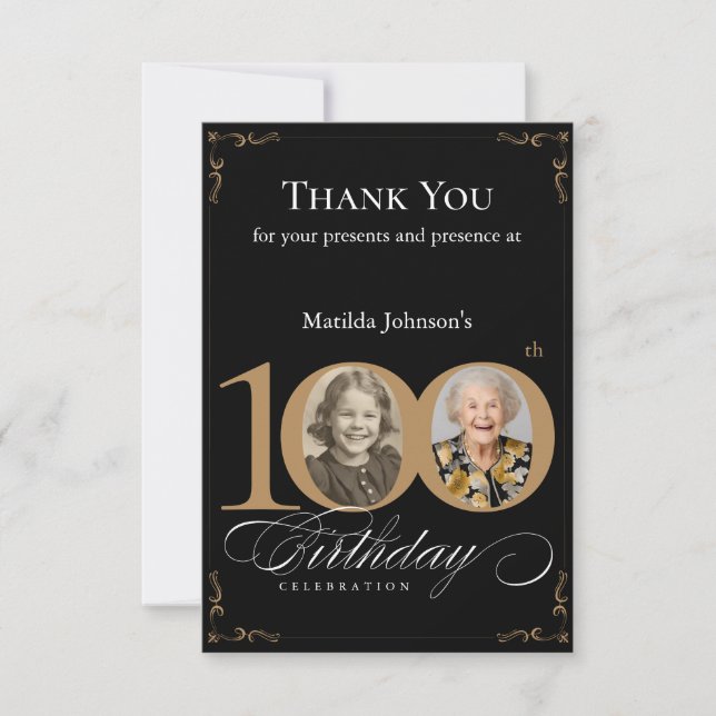 Elegant Black Gold Photo 100th Birthday Party Thank You Card (Front)