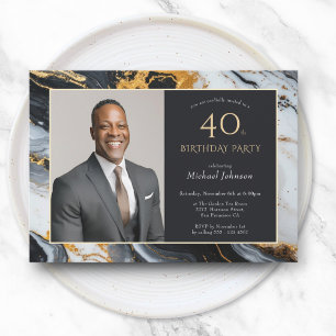Elegant Black Gold Photo 40th Birthday Invitation
